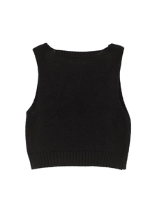 Back view of black knitted cropped vest featuring a scoop neck and ribbed hem flat lay