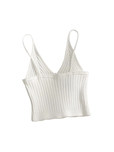White ribbed knit V-neck camisole top with thin straps in a slim fit summer style