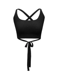 Black ribbed knit crop top featuring a square neckline and stylish cross back tie-up design