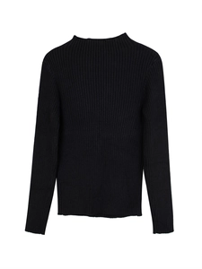 Women's black long sleeve ribbed knit sweater with a turtleneck in a slim fit style