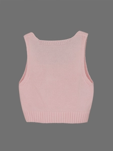 Pink sleeveless knit crop top with a square neckline and ribbed hem in a centered flat lay
