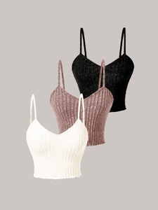 Three-piece set of ribbed knit V-neck camisole crop tops in black, rose, and beige