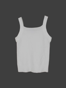 Women's white knitted tank top with square neck and ribbed trim detail on a grey background