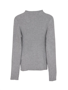 Classic grey long sleeve knit sweater with ribbed texture and chic mock neck design
