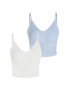 Lot de 2 crop tops en maille côtelée blanc et bleu clair avec col en V et fines bretelles