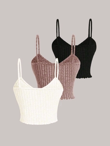 Women's ribbed knit camisole set in white, dusty pink, and black featuring thin straps