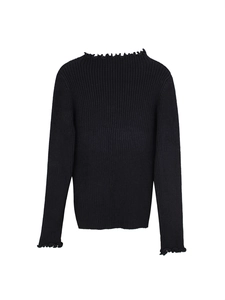 Women's black long sleeve knit set with lettuce edge trim on a clean white background