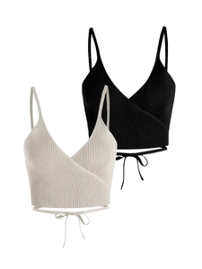 Two-pack V-neck ribbed knit camisoles in black and cream with wrap-around tie waist design