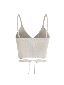 Women's V-neck rib-knit camisole set with adjustable waist tie in beige color