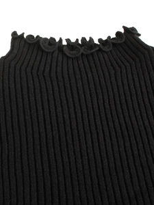 Women's black ribbed knit two-piece set with long sleeves and lettuce edge neckline