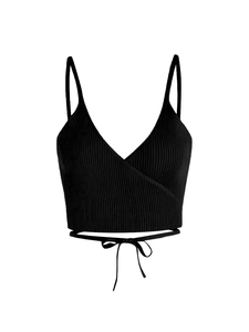 Women's black V-neck ribbed crop top with wrap design and waist tie detailing