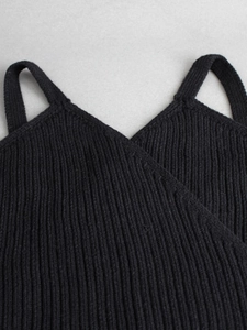 Women's black rib-knit V-neck camisole with cross overlap design and slim straps