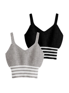 Débardeurs en Tricot pour Femmes Col en V Rayé Gris Et Noir Côtelé Sans Manches Crop Cami Tops Gilet Été Décontracté