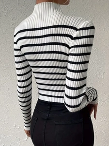Women's slim fit knit sweater with classic black and white horizontal stripes back view