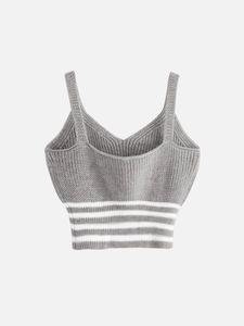 Débardeur court en tricot gris avec col en V et rayures horizontales blanches en bas