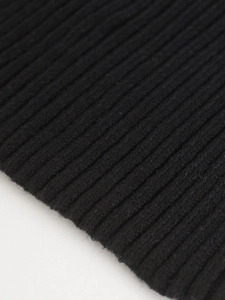 Close-up of black rib-knit fabric texture showing detailed vertical stripes and elastic knit