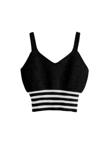 Débardeur court en tricot noir pour femme avec col en V et rayures blanches sur l'ourlet