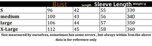 Detailed size guide for striped long sleeve cardigan with bust and length measurements
