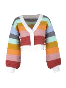 Rainbow striped knit cardigan with V-neck and lantern sleeves on white background