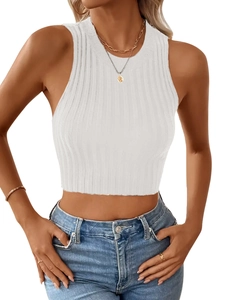 White ribbed high-neck sleeveless knit crop top for women styled with jeans