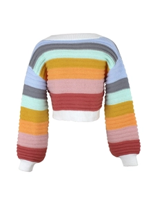 Rainbow striped knit cardigan with long lantern sleeves and cropped round neck design