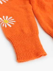 Orange knit cardigan with daisy embroidery and ribbed cuffs for women