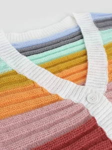 Women's multi-color striped knit cardigan with V-neck and white ribbed edges for autumn