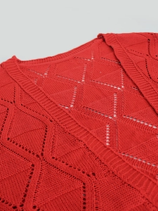 Red knit long sleeve cardigan featuring intricate hollow mesh patterns for women