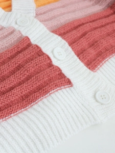 Detailed close-up of colorful striped knit cardigan with ribbed texture and white buttons