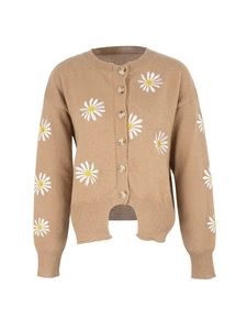 Detail of khaki knit cardigan with white daisy embroidery and ribbed cuffs on white background