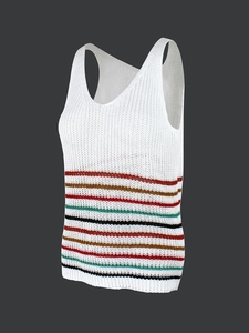 Women's white knitted vest with colorful horizontal stripes and a chic round neck
