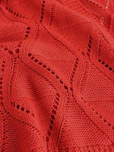 Women's red openwork pointelle knit sweater jacket with long sleeves for spring and autumn