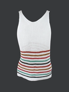 Women's white crochet knit V-neck vest with bohemian colorful striped patterns