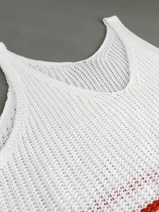 Women's white knitted V-neck tank top with mesh texture and red striped hem