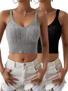 Damen Zopfmuster V-Ausschnitt Ärmellos Tank Top Sexy Kurz Pullover Weste Casual Gerippter Saum Strick Crop Top Grau Schwarz Mode