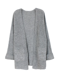 Women's light grey long sleeve knit cardigan with open front and dual side pockets
