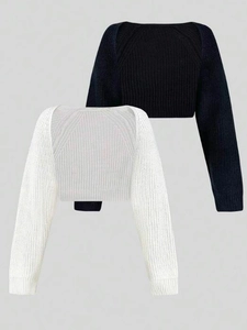 Women's minimalist two-piece ribbed knit shrug set in black and white colors