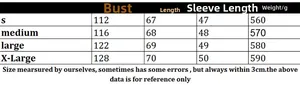Detailed size chart for mid-length knit cardigan featuring chest and length measurements
