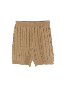 Pantaloncini bebè in maglia a trecce color cammello, vita a costine per l'inverno