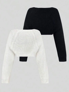 Two-piece set of short long-sleeve knit bolero shrugs in black and white colors