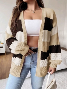 Women's long-sleeve knit cardigan sweater with tricolor patchwork design in beige and brown