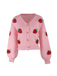 Pink V-neck knit cardigan for women with embroidered strawberry patterns and wood buttons