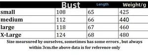 Size chart showing bust, length and weight in grams for knitted long sleeve cardigan