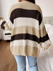Women's oversized color block striped cardigan sweater with lantern sleeves back view