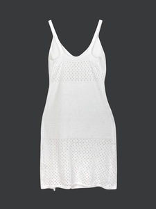 White knitted hollow out sleeveless midi dress with thin straps and V-neckline