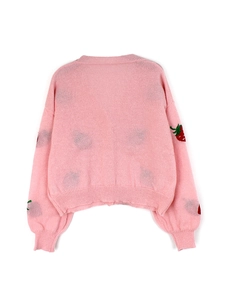 Pink knit cardigan with strawberry embroidery and drop shoulder design for women