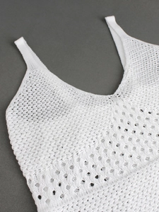 White crochet knit long sundress with V-neckline and hollow-out detailing for summer
