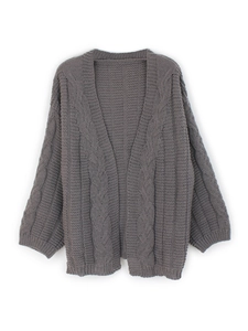 Casual grey cable-knit open front cardigan with long sleeves and loose fit design