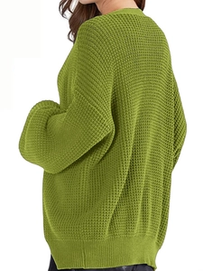 Grass green waffle knit cardigan sweater for women in a loose fit back view