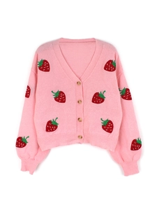Pink strawberry embroidery knitted cardigan with V-neck and wood buttons for women
